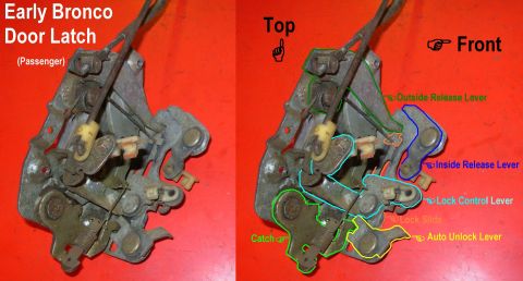 1976 Ford Bronco - Early Bronco Door Latch (Right) IF THE IMAGE IS TOO SMALL, click it. With the lock control UP (unlocked), the lock slide is aligned with th…