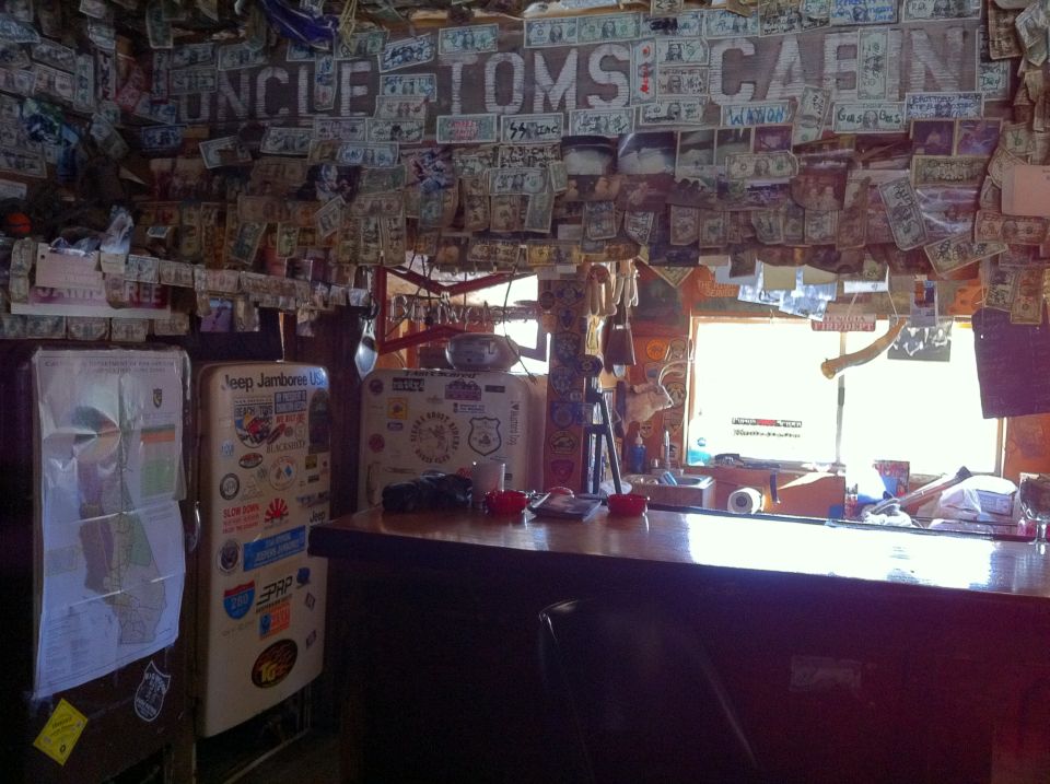 Bar interior with money and license plates on walls, two refrigerators, and a counter