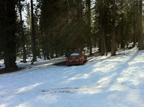1989 Ford Bronco - A red truck sits in the snow, partially obscured by trees. Text on the grille reads "471".