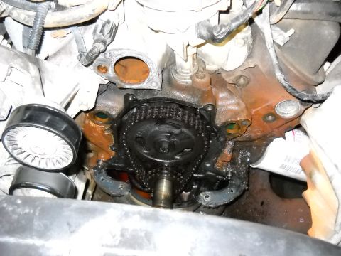 1993 Ford C-150 (Centurion Conversions) - The engine's timing chain and gears are exposed, showing signs of wear and potential leaks.