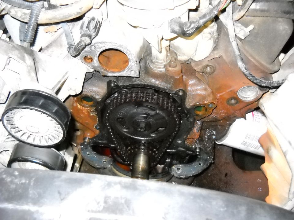 Close-up of engine timing chain and gears, with some rust and fluid leaks visible