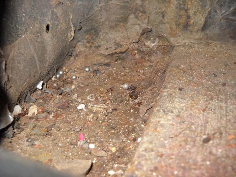 1993 Ford C-150 (Centurion Conversions) - Debris and ball bearings litter the interior floor of a vehicle.
