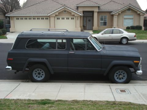 1977 Jeep Cherokee - A dark-colored Jeep Wagoneer is parked on the side of the road in front of a house, with another car in the driveway.