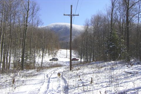 1995 Ford Bronco - Two SUVs are parked on a snow-covered road surrounded by bare trees, with a mountain in the background.