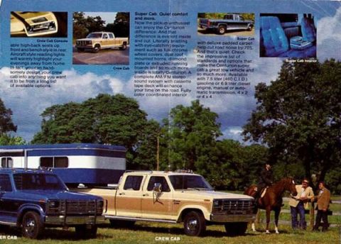 1996 Ford C-350 (Centurion Conversions) - This Ford F-Series pickup truck, likely from the early 1980s, is shown with a trailer and other vehicles in a brochure image.
