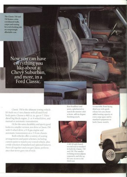 1996 Ford C-350 (Centurion Conversions) - This brochure page highlights the luxurious interior of a Ford Classic van, comparing it to a Chevy Suburban.