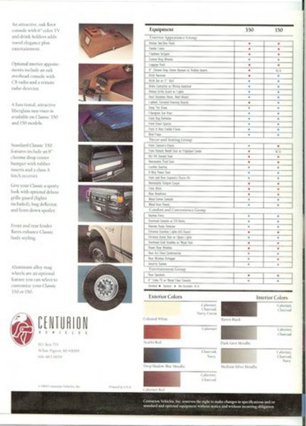 1996 Ford C-350 (Centurion Conversions) - This brochure page details equipment and color options for Centurion Vehicles.
