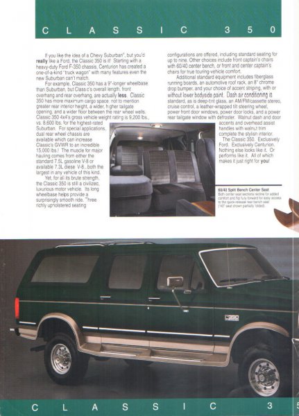 1996 Ford C-350 (Centurion Conversions) - Scanned brochure page headed "CLASSIC 350" with a side-profile photo of a dark green two-tone Centurion conversion wagon on polished wheels…