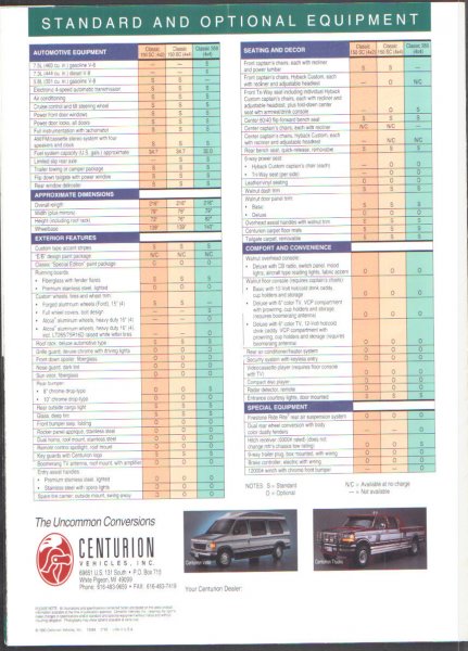 1996 Ford C-350 (Centurion Conversions) - Centurion Conversions brochure page detailing standard and optional equipment with images of a van and a pickup truck.