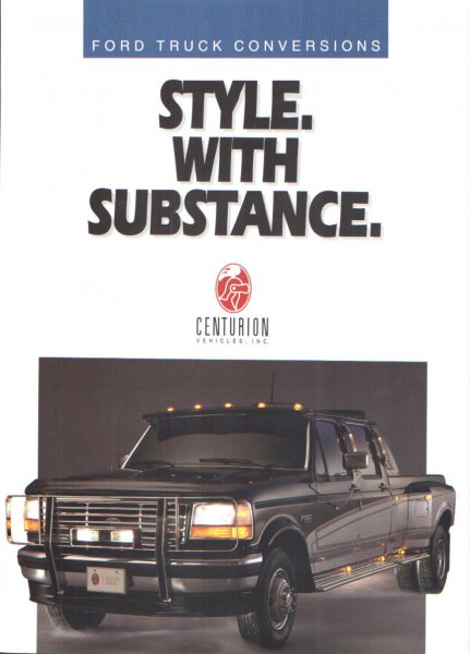 1996 Ford C-350 (Centurion Conversions) - This brochure page features a dark-colored Ford truck with a prominent grille guard and side steps.