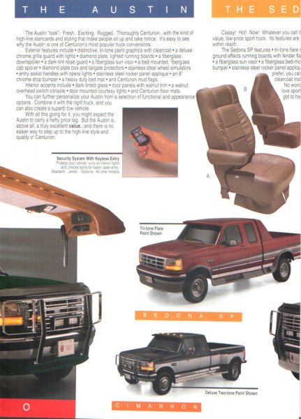 1996 Ford C-350 (Centurion Conversions) - Page from a brochure detailing truck conversions and features.