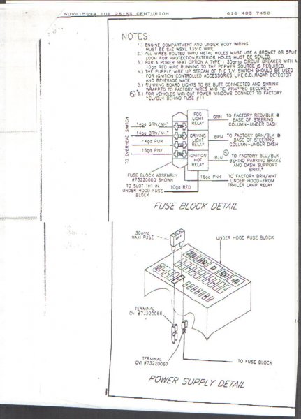 1996 Ford C-350 (Centurion Conversions) - Wiring diagram showing fuse block assembly, relay connections and under-hood fuse block with color-coded wires and terminal callouts.