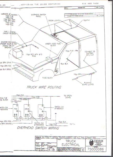 1996 Ford C-350 (Centurion Conversions) - Wiring diagram showing truck wire routing and overhead switch wiring for fog, driving and opera lights with color-coded wires.