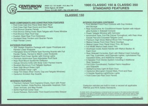 1996 Ford C-350 (Centurion Conversions) - This document lists standard features for the 1995 Centurion Classic 150 and Classic 350 models.