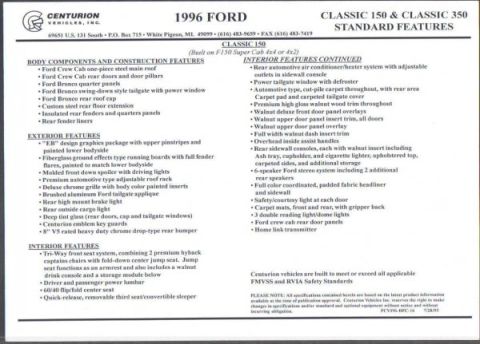1996 Ford C-350 (Centurion Conversions) - Document detailing standard features for 1996 Ford Classic 150 and 350 models, including body and interior components.