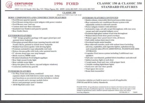 1996 Ford C-350 (Centurion Conversions) - This document details the standard features for the 1996 Ford Classic 150 and Classic 350 models.