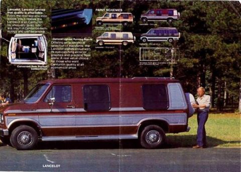 1996 Ford C-350 (Centurion Conversions) - This brochure page shows a conversion van with paint schemes and interior storage options.
