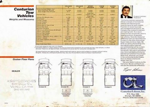 1996 Ford C-350 (Centurion Conversions) - Centurion Tow Vehicles brochure details weights, measures, and floor plans for various models.