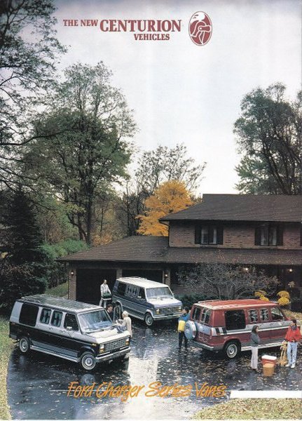 1996 Ford C-350 (Centurion Conversions) - A brochure image shows three Ford Charger Series vans parked in a driveway with a house in the background.
