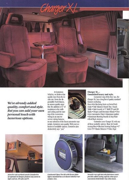1996 Ford C-350 (Centurion Conversions) - Interior view of a van conversion showing seating, table, and window treatments.