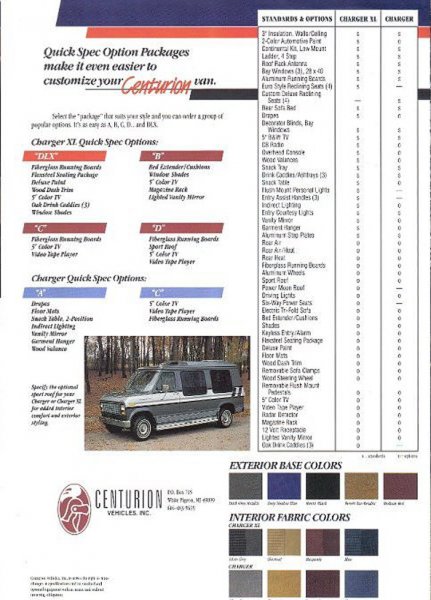 1996 Ford C-350 (Centurion Conversions) - Brochure page detailing Centurion van conversion packages and color options.