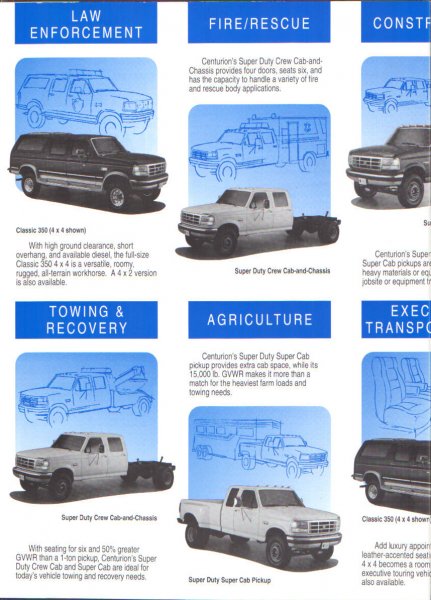 1996 Ford C-350 (Centurion Conversions) - This brochure page displays diagrams of various Ford truck and van conversions for different professional uses.