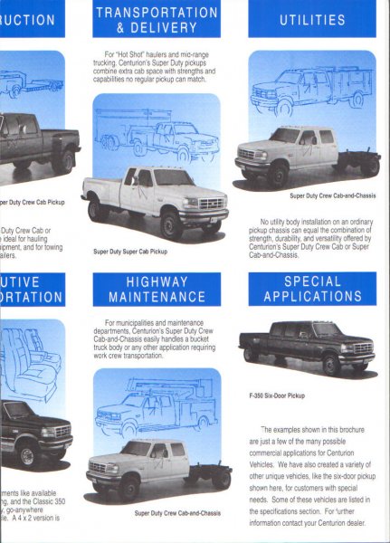 1996 Ford C-350 (Centurion Conversions) - This brochure page displays different Ford Super Duty truck models and their applications.