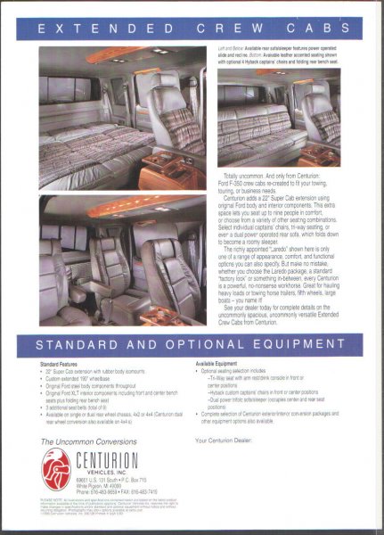 1996 Ford C-350 (Centurion Conversions) - Brochure page details standard and optional equipment for extended crew cabs.
