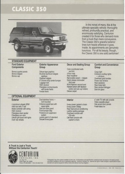 1996 Ford C-350 (Centurion Conversions) - Black-and-white Centurion Vehicles brochure page titled Classic 350 listing standard and optional equipment.