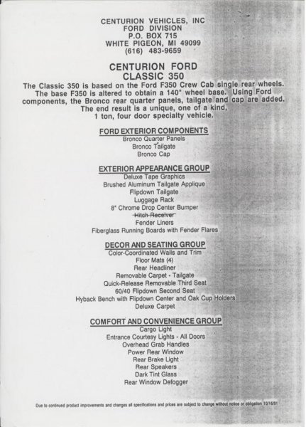 1996 Ford C-350 (Centurion Conversions) - Photocopied Centurion Vehicles, Inc. Ford Division spec sheet for the Centurion Ford Classic 350, explaining the conversion is built on an…