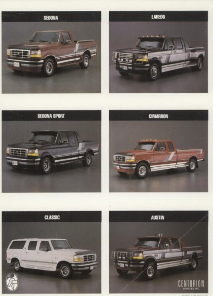 1996 Ford C-350 (Centurion Conversions) - Centurion Vehicles, Inc. brochure page laid out as a six-panel grid of studio photos labeled Sedona, Laredo, Sedona Sport, Cimarron, Classi…