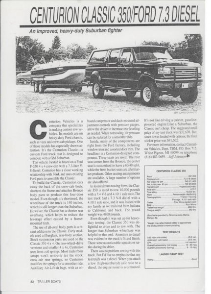 1996 Ford C-350 (Centurion Conversions) - Scanned magazine page from Trailer Boats titled "CENTURION CLASSIC 350/FORD 7.3 DIESEL: An improved, heavy-duty Suburban fighter," showing…