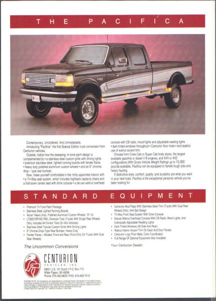 1996 Ford C-350 (Centurion Conversions) - Centurion Vehicles dealer brochure page headed "THE PACIFICA," showing a 3/4-front studio shot of a dark crew cab Ford pickup with two-tone…