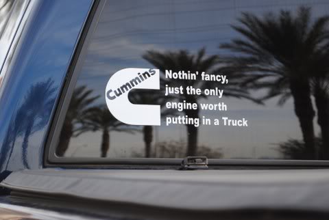 1967 Ford Mustang - A sticker on a vehicle window reads 'Cummins: Nothin' fancy, just the only engine worth putting in a Truck'.