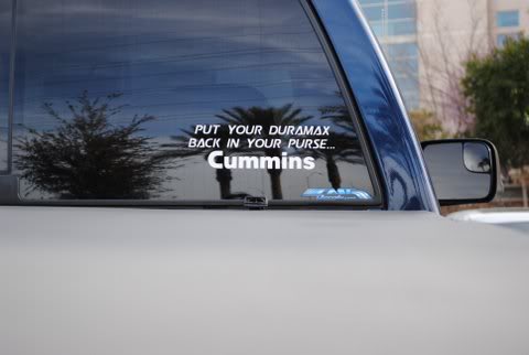 1967 Ford Mustang - A sticker on a truck window reads "PUT YOUR DURAMAX BACK IN YOUR PURSE... Cummins".