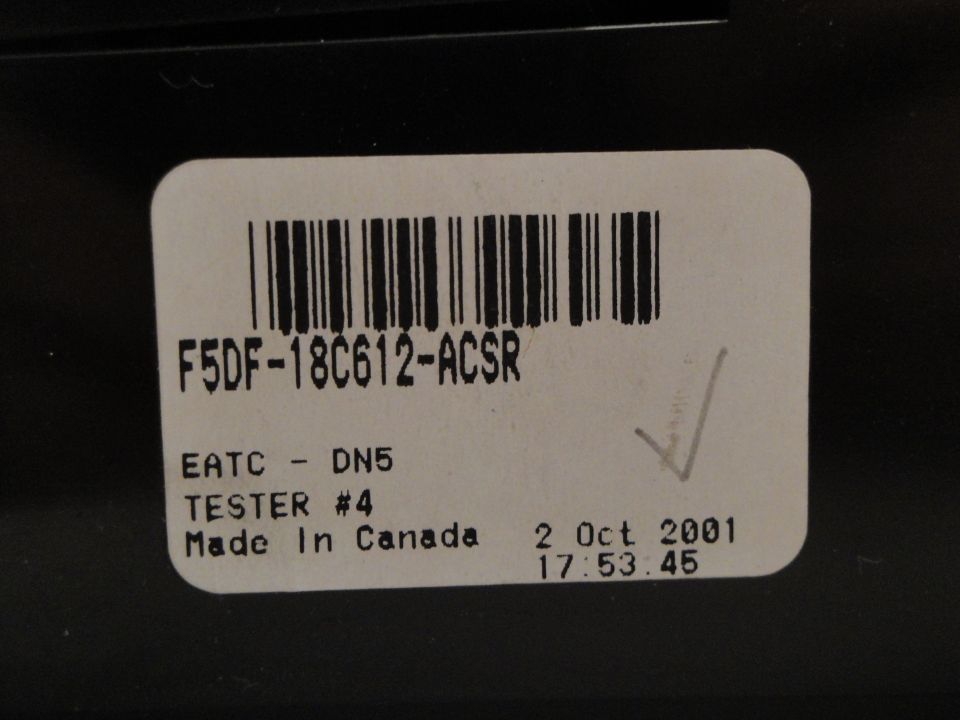 Label with barcode F5DF-18C612-ACSR, EATC - DN5, Tester #4, Made In Canada, 2 Oct 2001