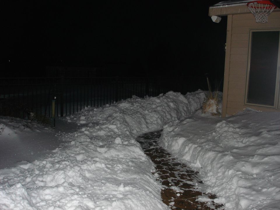 Snowy backyard path at night with a basketball hoop on a shed