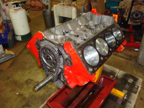 1989 Ford Bronco - Engine block assembly with timing chain and sprockets, likely undergoing a rebuild.