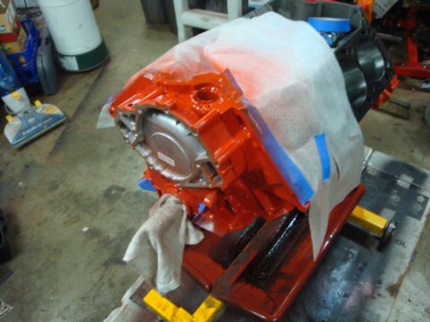 1989 Ford Bronco - Engine block prepared for painting, covered with masking paper and tape.