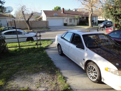 1993 Ford Taurus - A white 1993 Ford Taurus with a black hood is parked in a driveway, with another car visible behind it.