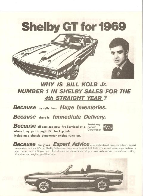 1968 Shelby GT500 - Advertisement for the 1969 Shelby GT, highlighting sales success and expert advice from Bill Kolb Jr.