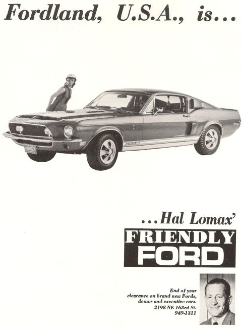 1968 Shelby GT500 - This 1968 Shelby GT500 is advertised by Hal Lomax's Friendly Ford dealership.