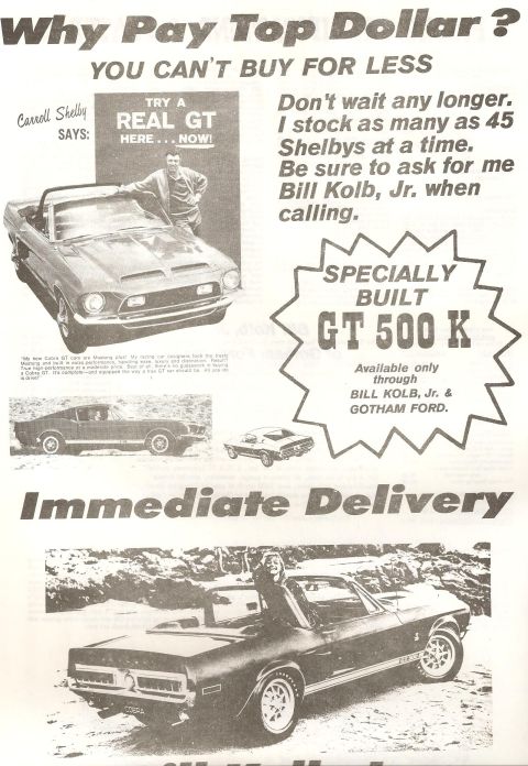 1968 Shelby GT500 - Carroll Shelby poses with a 1968 Shelby GT500 convertible, advertised as a 'Specially Built GT 500 K'.