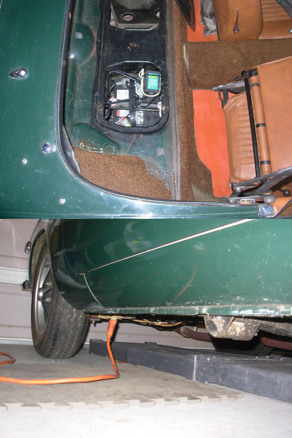 Two-panel photo of a green vehicle's interior console and rocker panel underside