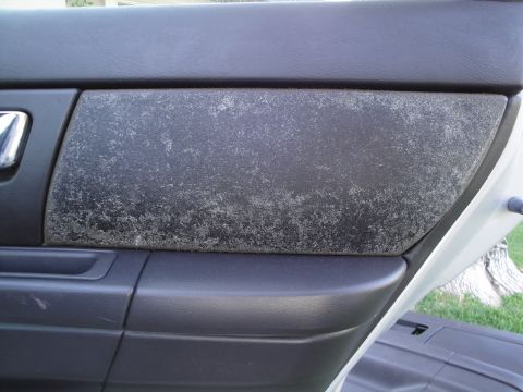 2003 Ford Taurus - The interior door panel shows significant wear and discoloration on the textured insert.