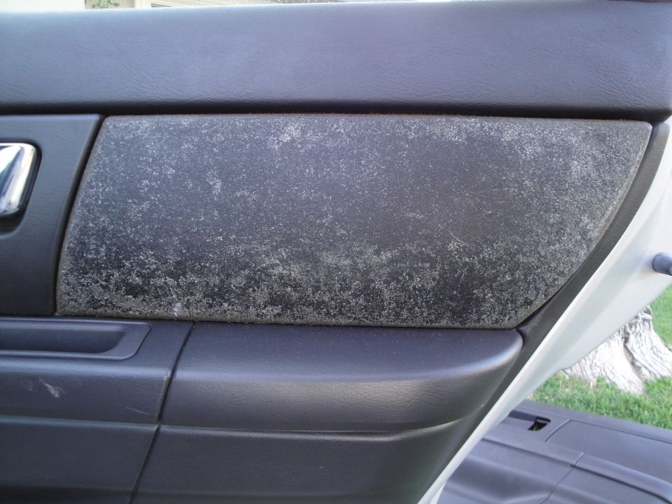 Close-up of a car's interior door panel with a textured insert that is peeling and discolored