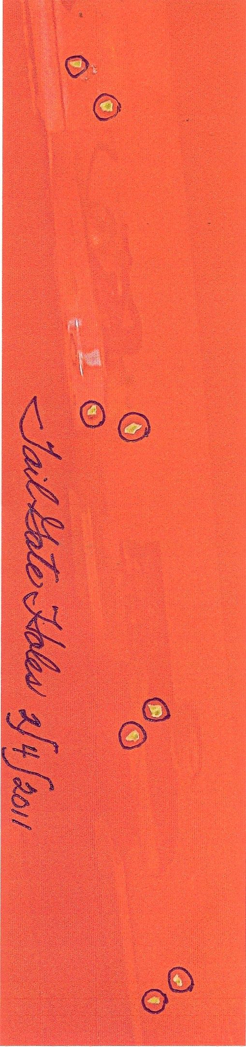 Orange artwork with dotted circles and a handwritten signature dated 2011.