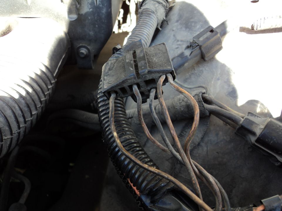 Close-up of a black plastic electrical connector with several wires leading into it, part of a vehicle's engine bay