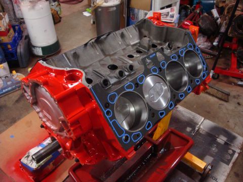1989 Ford Bronco - Engine block prepared for rebuild, showing gasket and cylinder bores.