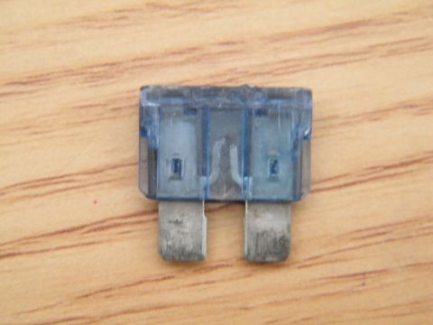 1982 Ford Bronco - A single blue automotive fuse is shown close-up against a wood grain background.